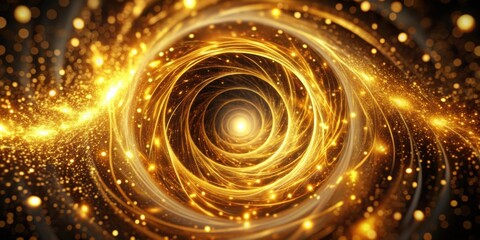 Obraz premium A shimmering golden spiral with sparkling dust particles swirling towards a bright light at the center, creating an illusion of infinite depth and wonder.
