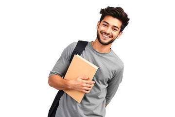 Smiling young male student holding a book and wearing a backpack, isolated on transparent background