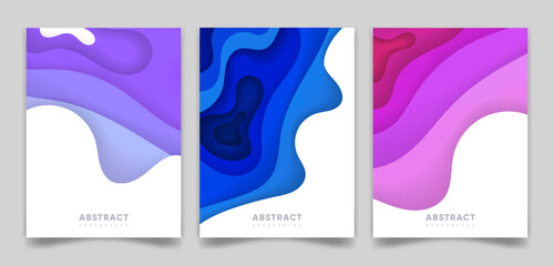 Paper cut banners set with 3D abstract background and wavy shapes. Colorful vector design layout for business presentations, flyers, posters, invitations, etc.