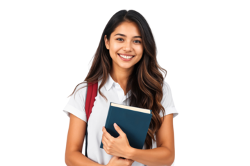 Smiling female student with backpack and holding a book, isolated transparent background