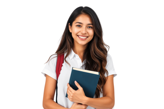 Smiling female student with backpack and holding a book, isolated transparent background