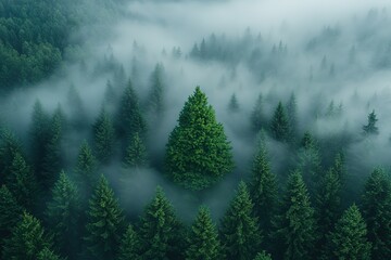 A forest with trees covered in fog