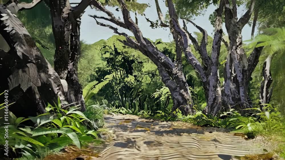 Poster scenic forest path surrounded by lush greenery and towering trees during daylight