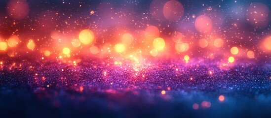 Fototapeta premium Glittering bokeh lights on purple, blue, and orange sparkly surface.