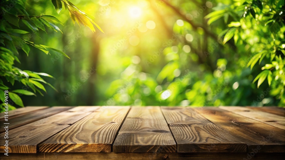 Poster A rustic wooden tabletop with a backdrop of sunlit greenery and a blurred background of bokeh, a natural scene perfect for showcasing products or creating a warm and inviting ambiance.