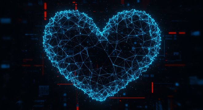 Abstract glowing blue heart, digital network connection, futuristic love concept. Perfect for Valentine's, technology, or medical themes.