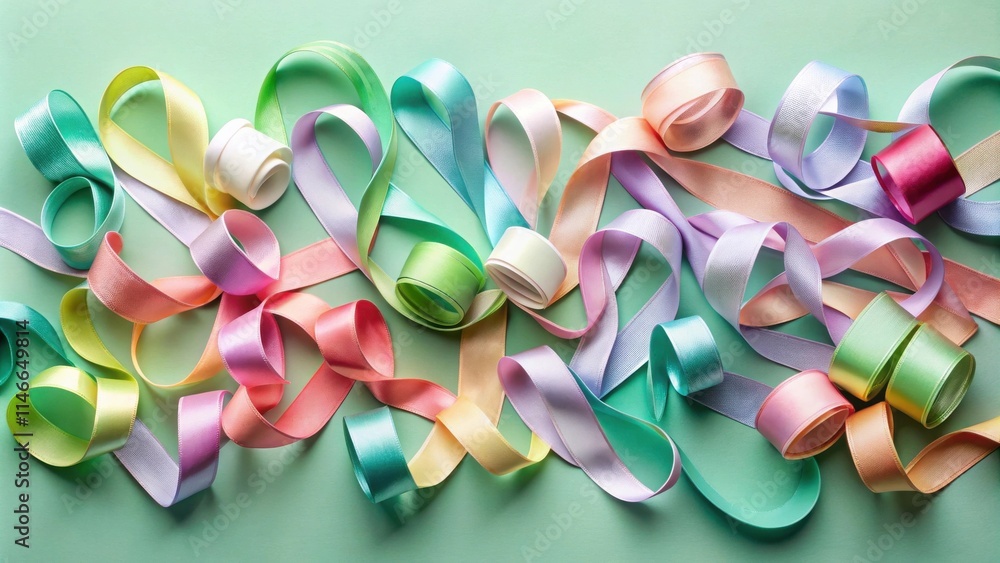 Aufkleber A vibrant collection of pastel ribbons, intertwined and overlapping, creates a delicate and colorful pattern on a soft green background.