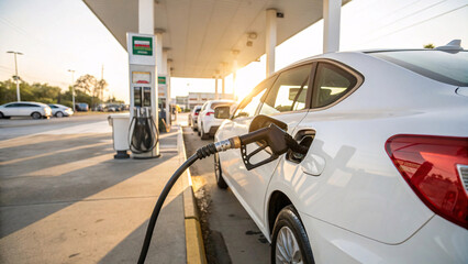 A white car refuels at a modern gas station under warm sunlight. The pump nozzle is inserted, and other vehicles line up in the background