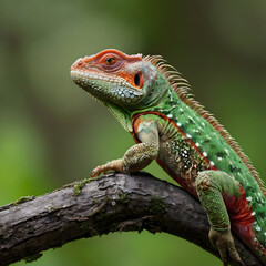 Fototapeta premium A green and red lizard is sitting on a branch