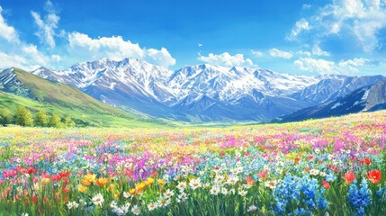 Fototapeta premium vibrant wildflower meadow with majestic snow-capped mountains