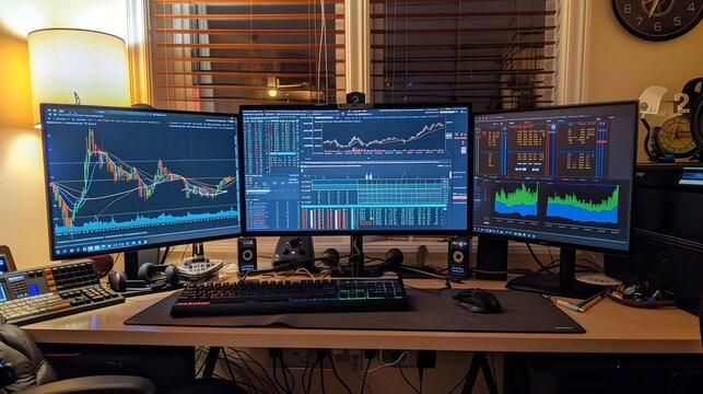 Office setup with dual monitors showing a comparative analysis of year-over-year growth using bar and scatter plots.