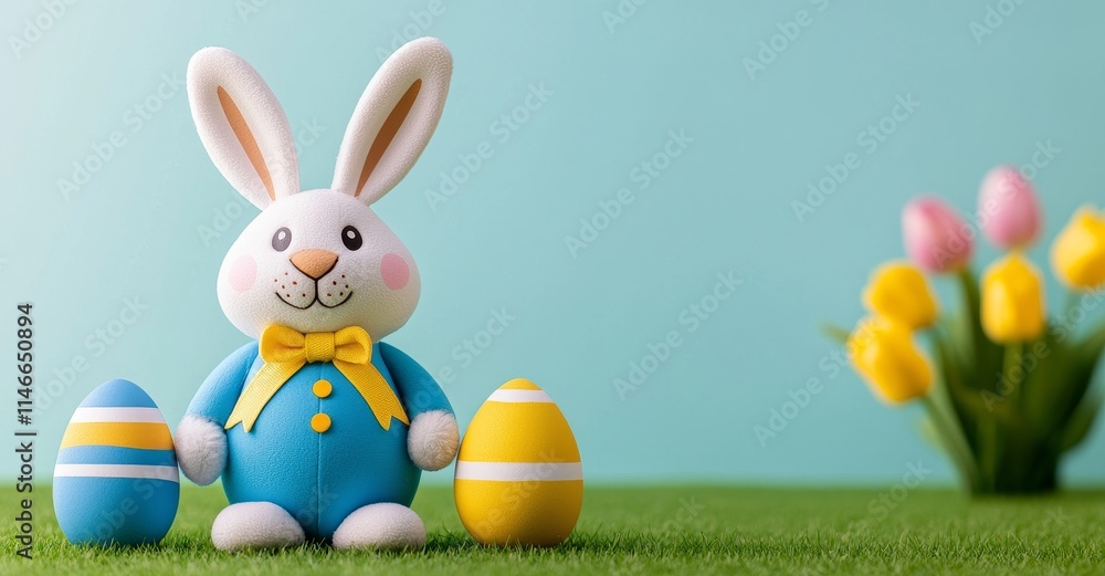 Poster a bright garden scene for easter, complete with a bunny and an array of colorful eggs.