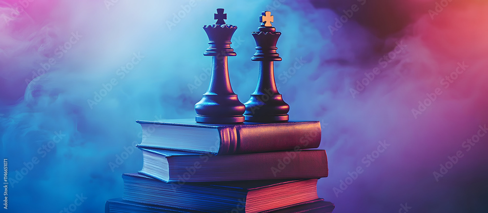 Poster business hierarchy strategy idea featuring chess pieces chess positioned on a stack of books with th