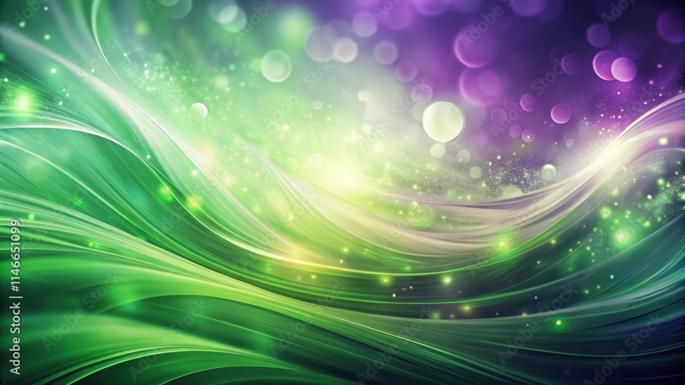 Poster abstract green and purple bokeh background with curved lines and glowing lights