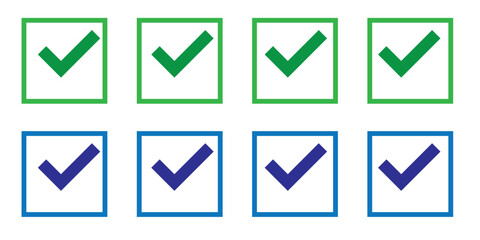 Green check mark and red cross icon set. Circle and square. Checkmark Illustration. Vector symbols set ,green checkmark. Vector illustration.