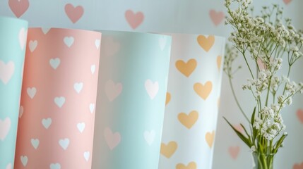 Pastel tubes, heart patterns, flowers.