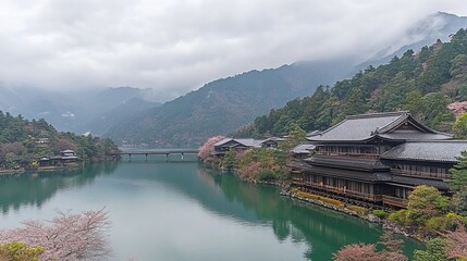 Fototapeta premium Serene Japanese Lake Temple with Cherry Blossoms and Mountains