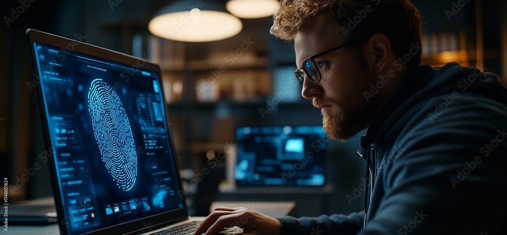 Poster a focused individual analyzing data on a laptop in a modern workspace.