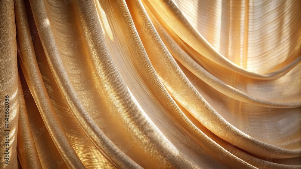 Poster draped golden fabric illuminated by sunlight, creating a luxurious and elegant background