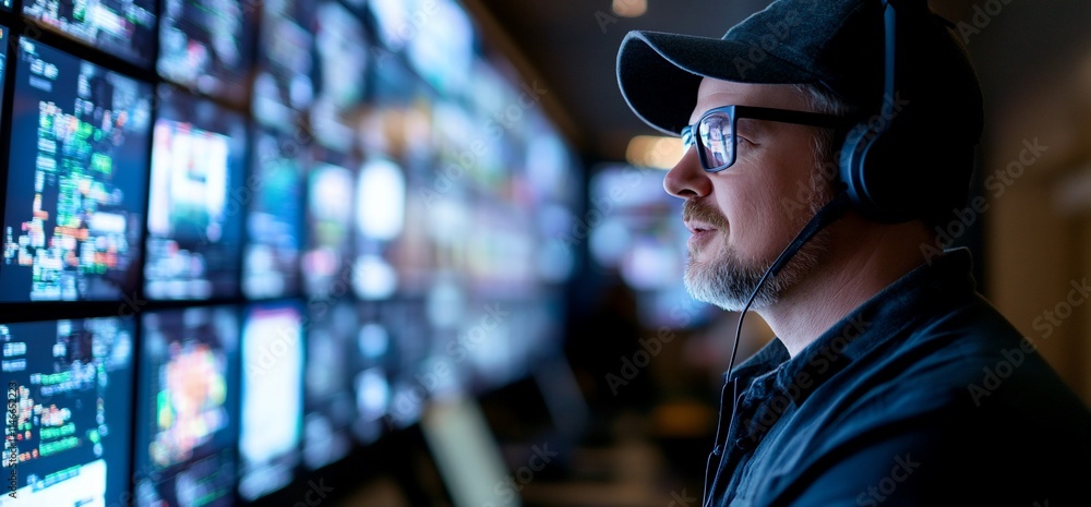 Poster a focused individual monitors multiple screens in a control room setting.