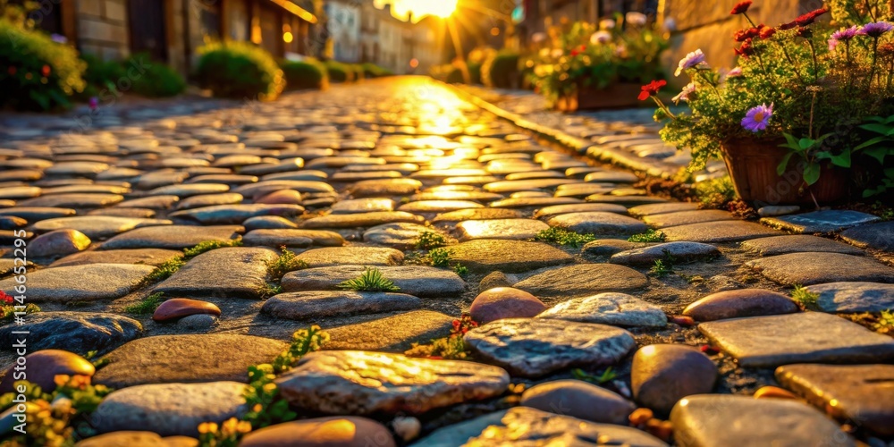 Poster Cobblestone path illuminated by the warm glow of the setting sun, casting a golden hue over the ancient street, creating a serene and enchanting atmosphere