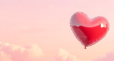 Fototapeta premium Large Red Heart Shaped Balloon Floating Against Light Pastel Pink Sky with Fluffy Clouds