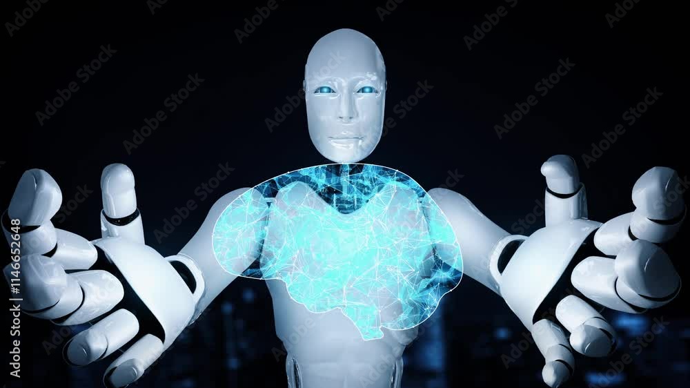 Poster ai hominoid robot holding virtual hologram screen showing concept of big data analytic using artific