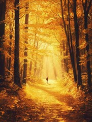 Obraz premium A whimsical autumn forest scene with sunlight filtering through the golden trees