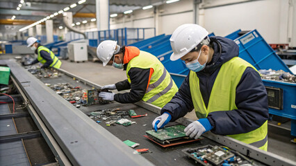 Fototapeta premium Workers in protective gear sort electronic waste on conveyor belts in a modern recycling facility, reflecting a commitment to environmental sustainability and efficient waste management