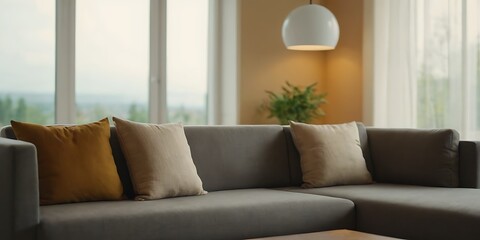 Fototapeta premium A close-up image of a wooden bench with books, a coffee cup, a potted plant, and pillows against the window in a minimalist living room on a sunny day. 3d render, 4
