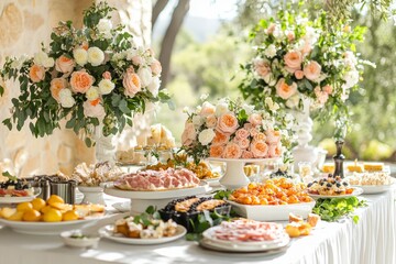 A beautifully arranged buffet with floral decorations and a variety of food items.