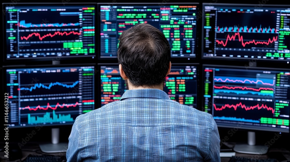 Poster a trader examines stock market data on screens. rear view of a trader observing dynamic financial ch