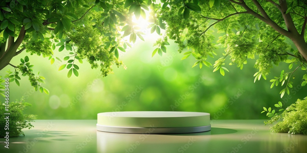 Poster a minimalist circular platform resting on a green surface with lush foliage overhanging from above