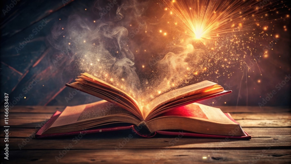 Poster open book on a wooden surface with glowing light and smoke emanating from its pages