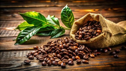 Obraz premium A burlap sack spills coffee beans on a rustic wooden surface, surrounded by fresh green leaves, capturing the essence of a rich and aromatic brew.