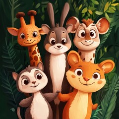 Naklejka premium Adorable Jungle Animals Group Portrait Together Smiling