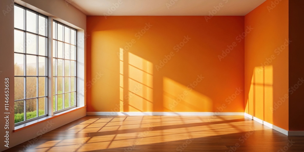 Poster Sunlight Streaming Through a Window in an Empty Room with Orange Walls and Wooden Floor