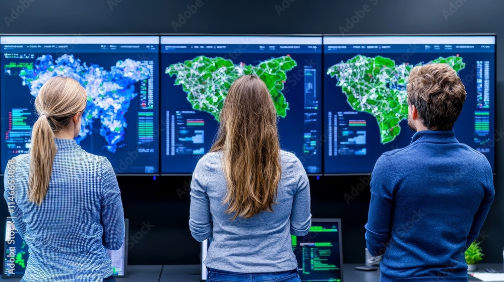 Poster three individuals are positioned before screens showing graphs and charts, likely engaged in data an
