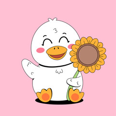 Cute duck holding sunflower