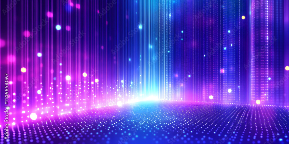 Poster purple and blue gradient lights arranged in vertical lines with glowing dots, creating an abstract f