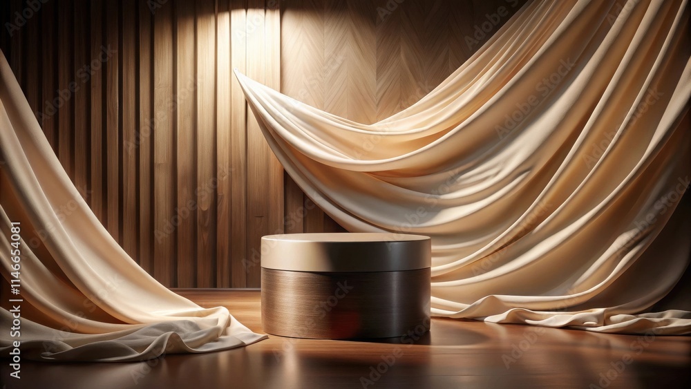 Poster a wooden podium with a golden top adorned by draped fabric, creating a stage for display