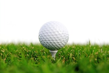Close-up of a golf ball on a tee in green grass against a white background.