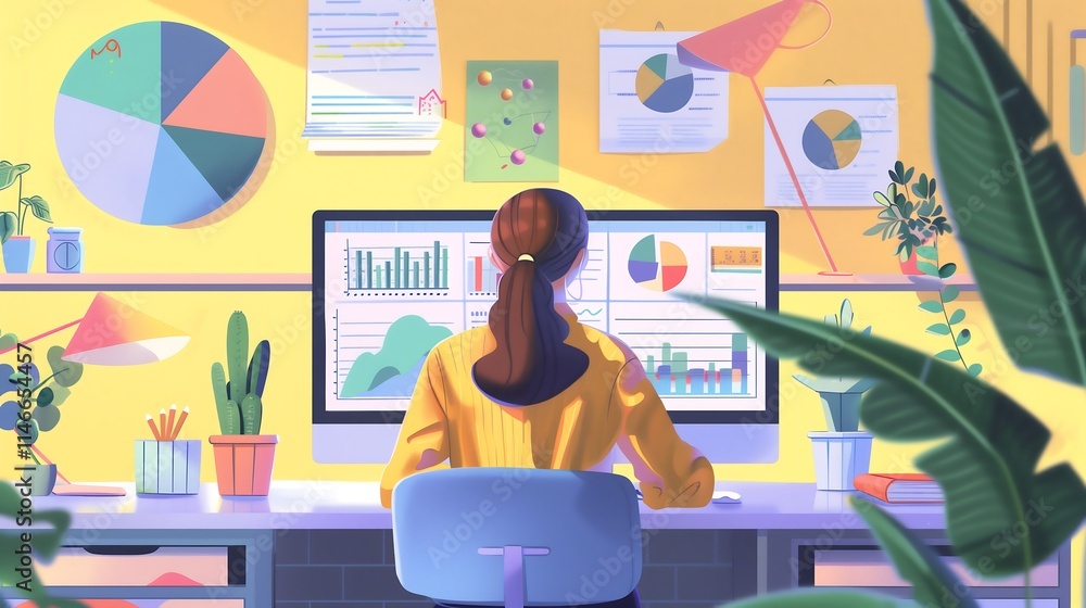 Poster virtual assistant presenting annual business reports with line graphs and pie charts in a fully digi