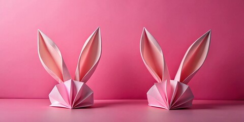 A pair of delicate pink origami bunny ears stand tall against a soft pink backdrop, their folded paper forms creating a whimsical and charming scene.