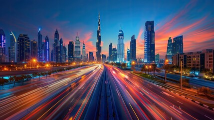 Fototapeta premium A vibrant cityscape at dusk featuring skyscrapers and illuminated traffic.