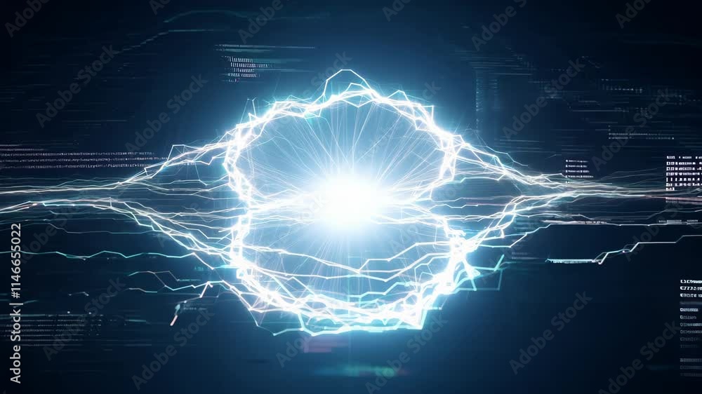 Poster lightning-like electric currents surge through a dark background with digital elements and glowing e