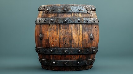 Fototapeta premium A rustic wooden barrel with metal bands, often used for storage or aging beverages.