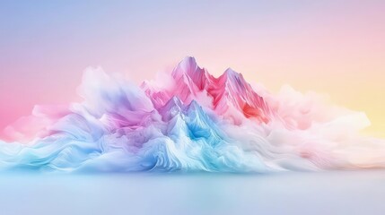 Fototapeta premium Abstract 3D render of a colorful pastel mountain range made of fluid waves and soft smoke against a gradient background.
