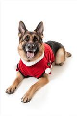Obraz premium Full body shot of German Shepherd dog, lying down, smiling. Wearing Christmas costume.