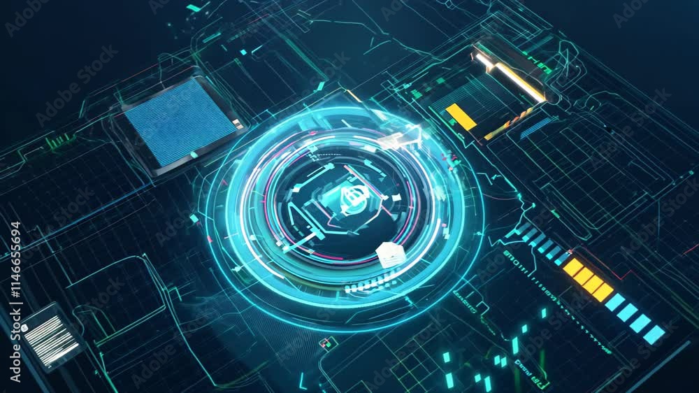 Poster dynamic digital interface showcases advanced technology in a futuristic setting